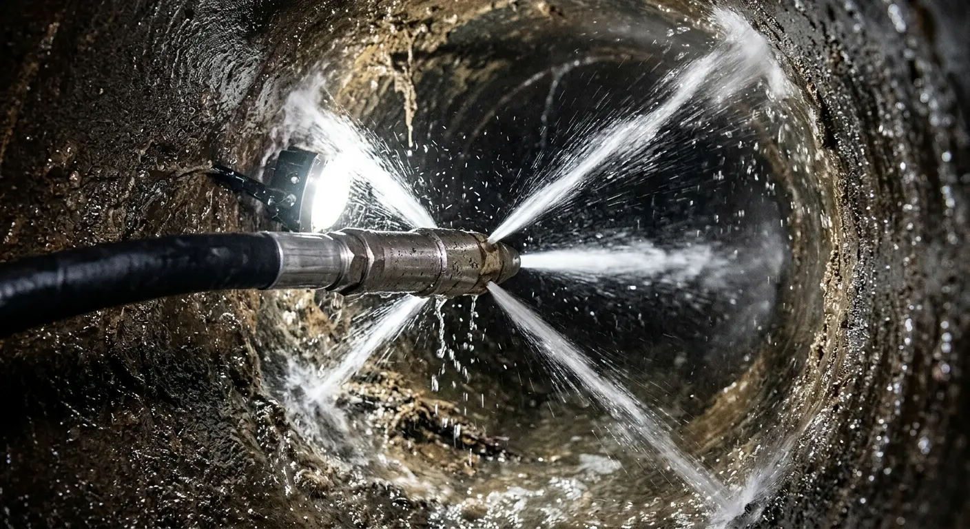 High-pressure hydro jetting nozzle cleaning sewer pipe for Emergency Drain Service in Sweetwater