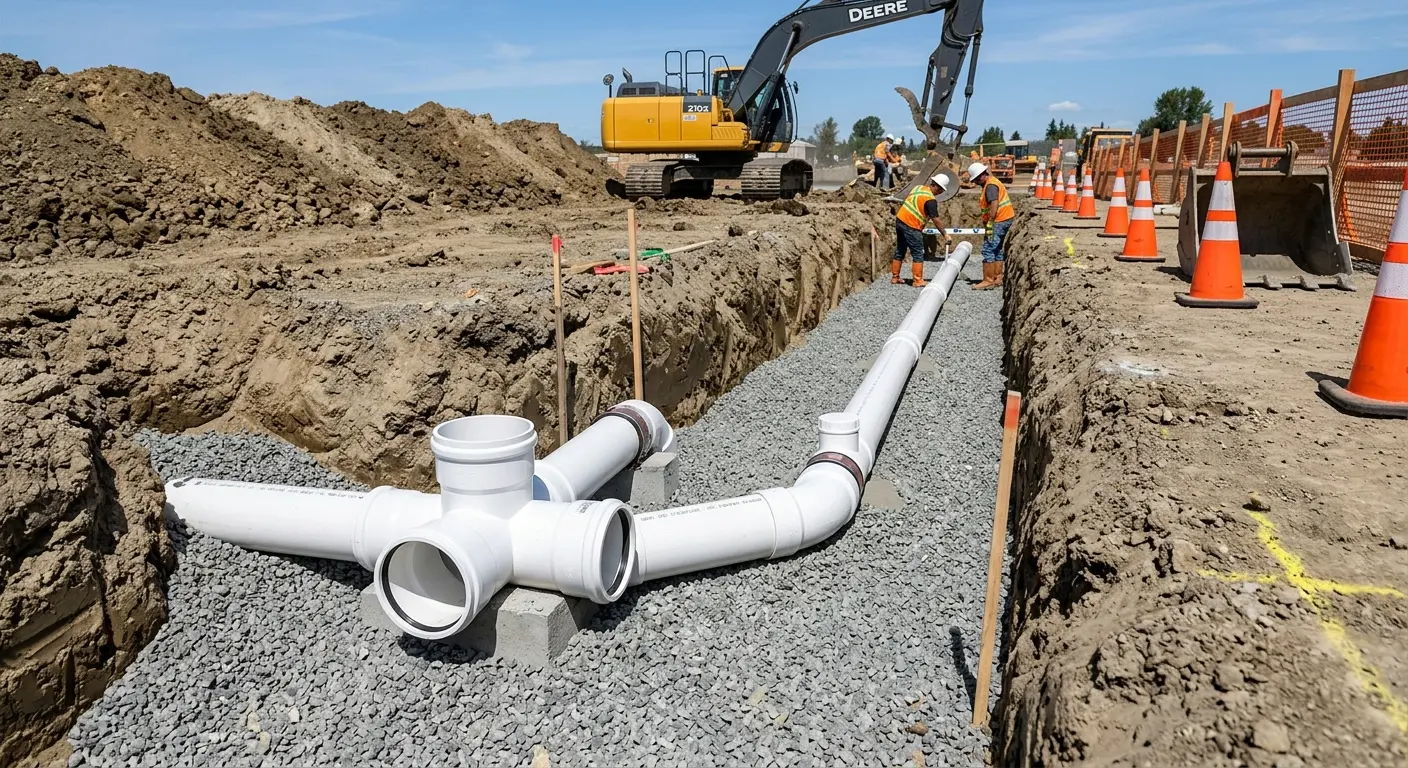 New PVC sewer pipe installation in open trench for Commercial Drain Cleaning in Sweetwater
