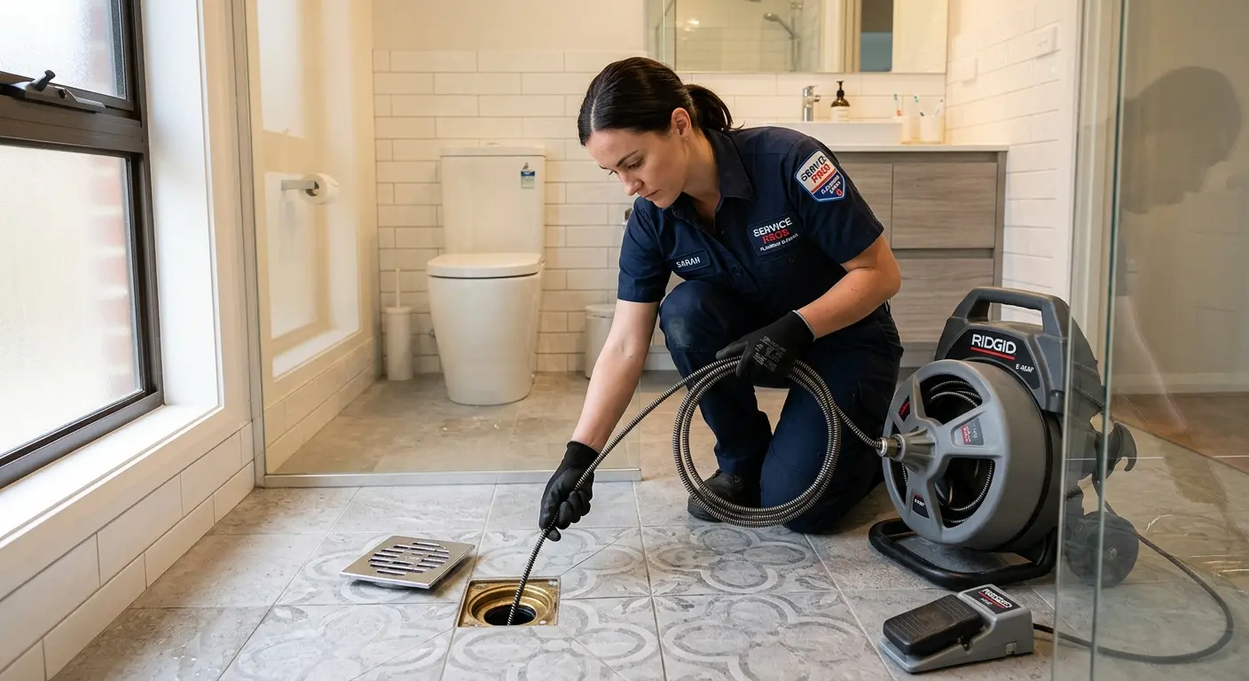 Technician clearing a bathroom floor drain for Sewer Line Replacement in Sweetwater
